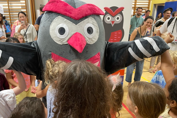 Oggi the owl greeting new students